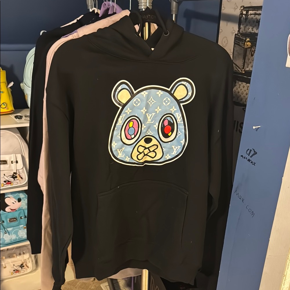 Black Hoodie with Designer Bear Graphic